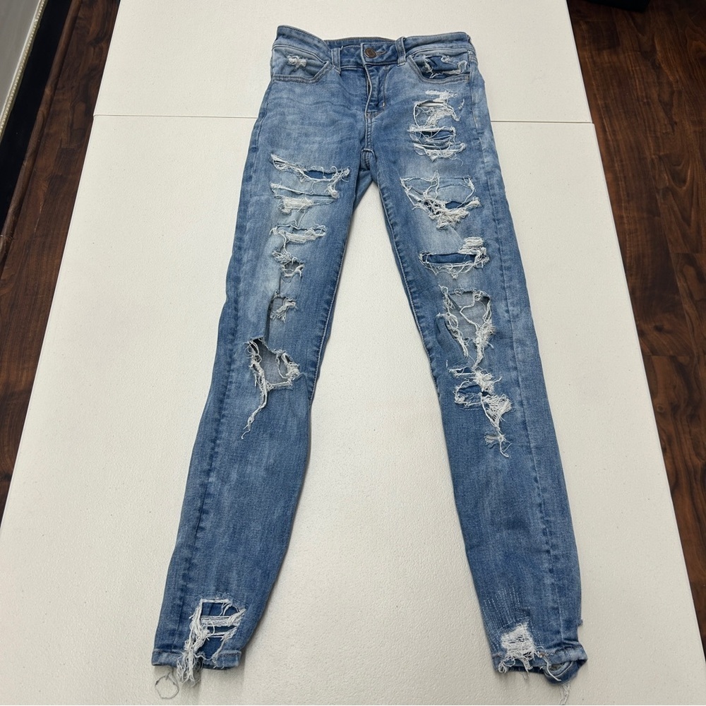 American Eagle Blue Skinny Jeans with Distressed Details